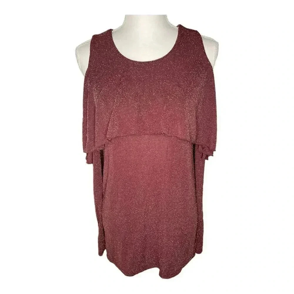 Michael Kors Women’s Medium Cold Shoulder Ruffle Gold Burgundy Top